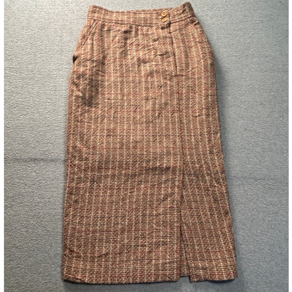 Tweed Plaid Midi Skirt Womens 9/10 Brown Wool Silk Academia VTG Genesis Italy